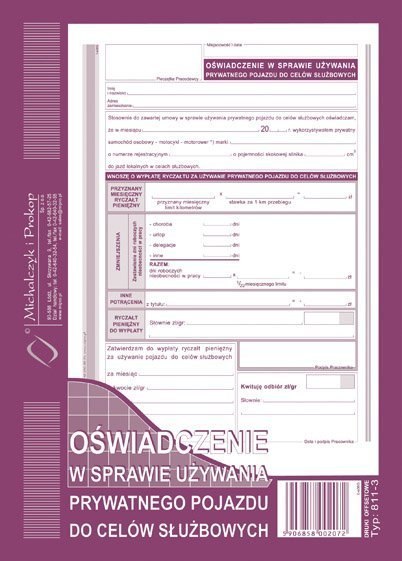Oświadczenie w sprawie używania prywatnego pojazd do celów służbowych A5, offset 40 kartek, 10-811-3 DOTTS Oświadczenie w sprawie używania prywatnego pojazd do celów służbowych A5, offset 40 kartek, 10-811-3 DOTTS