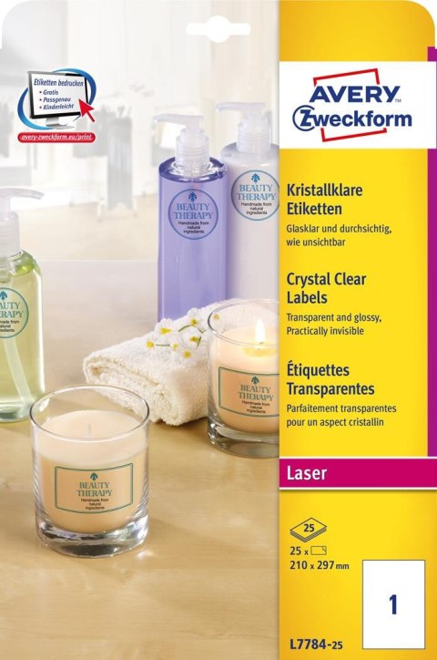 Etykiety Crystal Clear L7784-25 210 x 297 25ark przezroczyste, Avery Zweckform Etykiety Crystal Clear L7784-25 210 x 297 25ark przezroczyste, Avery Zweckform