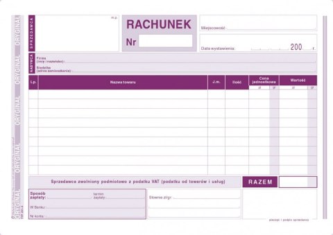 Rachunek dla zwolnionych podmiotowo z VAT A5, 80 kartek (1+1) 10-231-3 DOTTS Rachunek dla zwolnionych podmiotowo z VAT A5, 80 kartek (1+1) 10-231-3 DOTTS