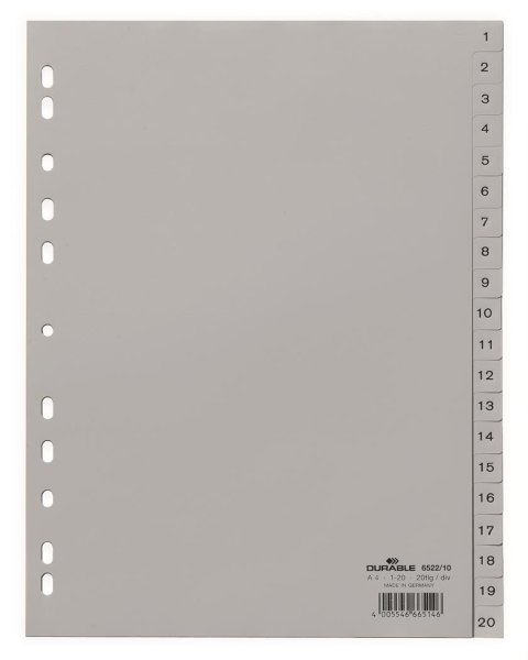 Przekładki PP A4 szare, nadr. indeks, 1-20, 2 0 części Szary 652210 DURABLE Przekładki PP A4 szare, nadr. indeks, 1-20, 2 0 części Szary 652210 DURABLE