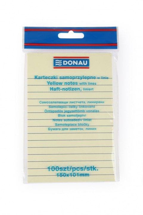 Bloczek samoprzylepny DONAU, 101x150mm, w linię, 1x100 kart., 75gsm, żółty Bloczek samoprzylepny DONAU, 101x150mm, w linię, 1x100 kart., 75gsm, żółty