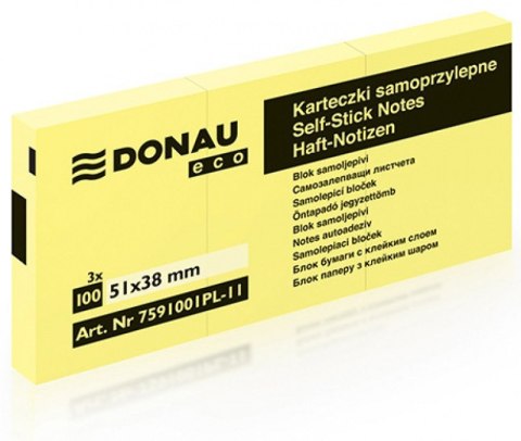 Bloczek samoprzylepny DONAU Eco, 38x51mm, 1x100 kart., jasnożółty Bloczek samoprzylepny DONAU Eco, 38x51mm, 1x100 kart., jasnożółty
