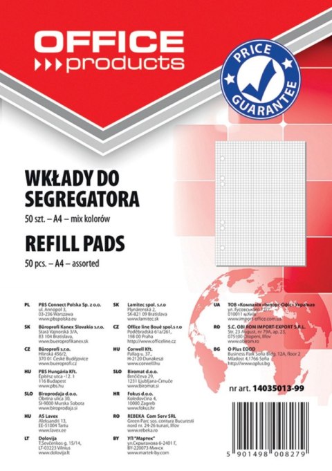 Wkład do segregatora OFFICE PRODUCTS, A4, w kratkę, 50 kart., mix kolorów Wkład do segregatora OFFICE PRODUCTS, A4, w kratkę, 50 kart., mix kolorów