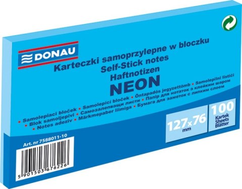 Bloczek samoprzylepny DONAU, 127x76mm, 1x100 kart., neon, niebieski Bloczek samoprzylepny DONAU, 127x76mm, 1x100 kart., neon, niebieski