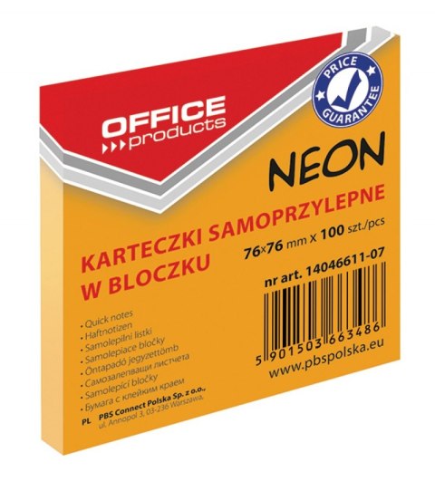Bloczek samoprzylepny OFFICE PRODUCTS, 76x76mm, 1x100 kart., neon, pomarańczowy Bloczek samoprzylepny OFFICE PRODUCTS, 76x76mm, 1x100 kart., neon, pomarańczowy