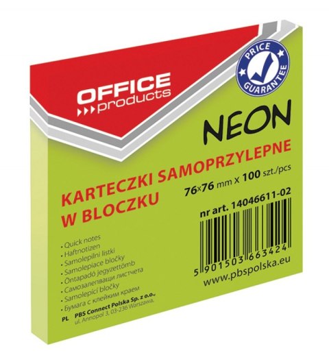 Bloczek samoprzylepny OFFICE PRODUCTS, 76x76mm, 1x100 kart., neon, zielony Bloczek samoprzylepny OFFICE PRODUCTS, 76x76mm, 1x100 kart., neon, zielony