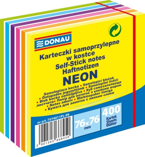 Kostka samoprzylepna DONAU, 76x76mm, neon, 1x400 kart., mix kolorów Kostka samoprzylepna DONAU, 76x76mm, neon, 1x400 kart., mix kolorów