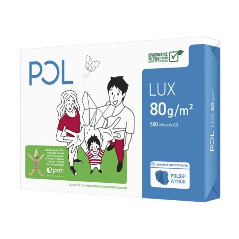 Papier ksero POL LUX, A3, klasa B, 161CIE, 80gsm, 500ark. Papier ksero POL LUX, A3, klasa B, 161CIE, 80gsm, 500ark.