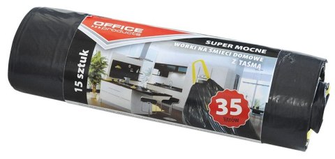 Worki na śmieci domowe z taśmą OFFICE PRODUCTS, super mocne (LDPE), 35l, 15szt., czarne Worki na śmieci domowe z taśmą OFFICE PRODUCTS, super mocne (LDPE), 35l, 15szt., czarne