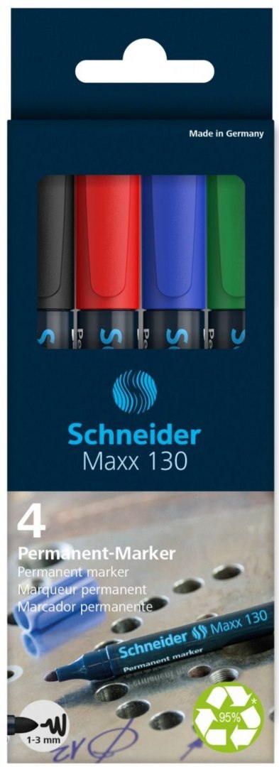 Zestaw markerów uniwersalnych SCHNEIDER Maxx 130, 1-3 mm, 4 szt., pudełko z zawieszką, mix kolorów Zestaw markerów uniwersalnych SCHNEIDER Maxx 130, 1-3 mm, 4 szt., pudełko z zawieszką, mix kolorów