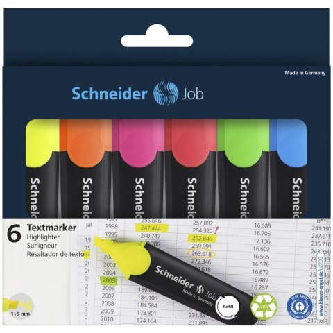 Zestaw zakreślaczy SCHNEIDER Job, 1-5 mm, 6 szt., pudełko z zawieszką, mix kolorów Zestaw zakreślaczy SCHNEIDER Job, 1-5 mm, 6 szt., pudełko z zawieszką, mix kolorów