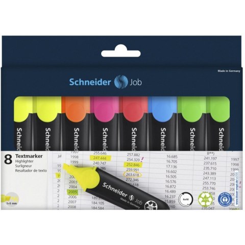 Zestaw zakreślaczy SCHNEIDER Job, 1-5 mm, 8 szt., miks kolorów Zestaw zakreślaczy SCHNEIDER Job, 1-5 mm, 8 szt., miks kolorów