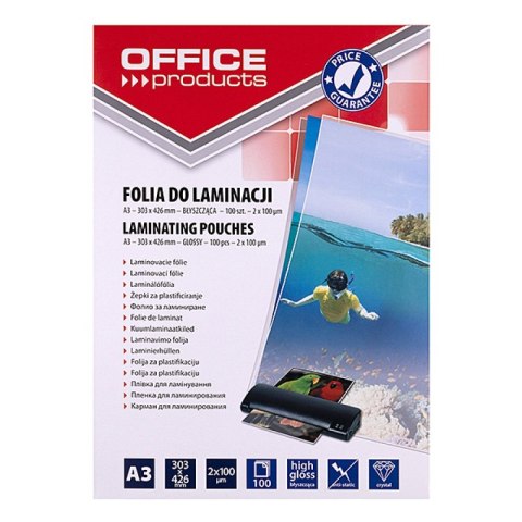 Folia do laminowania OFFICE PRODUCTS, A3, 2x100mikr., błyszcząca, 100szt., transparentna Folia do laminowania OFFICE PRODUCTS, A3, 2x100mikr., błyszcząca, 100szt., transparentna