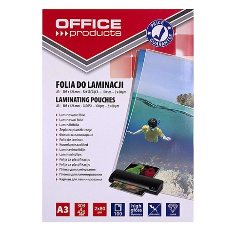 Folia do laminowania OFFICE PRODUCTS, A3, 2x80mikr., błyszcząca, 100szt., transparentna Folia do laminowania OFFICE PRODUCTS, A3, 2x80mikr., błyszcząca, 100szt., transparentna