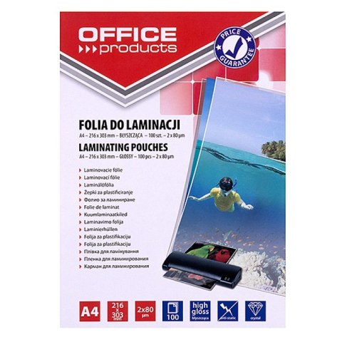 Folia do laminowania OFFICE PRODUCTS, A4, 2x80mikr., błyszcząca, 100szt., transparentna Folia do laminowania OFFICE PRODUCTS, A4, 2x80mikr., błyszcząca, 100szt., transparentna