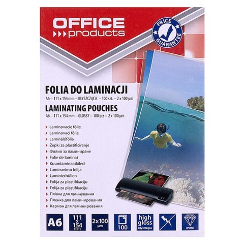 Folia do laminowania OFFICE PRODUCTS, A6, 2x100mikr., błyszcząca, 100szt., transparentna Folia do laminowania OFFICE PRODUCTS, A6, 2x100mikr., błyszcząca, 100szt., transparentna