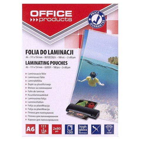 Folia do laminowania OFFICE PRODUCTS, A6, 2x80mikr., błyszcząca, 100szt., transparentna Folia do laminowania OFFICE PRODUCTS, A6, 2x80mikr., błyszcząca, 100szt., transparentna