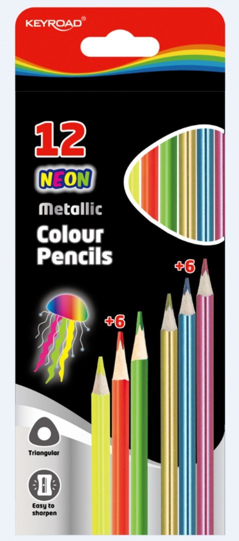 Kredki ołówkowe KEYROAD, trójkątne, metaliczne i neonowe, 12szt., mix kolorów