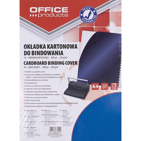 Okładki do bindowania OFFICE PRODUCTS, karton, A4, 250gsm, błyszczące, 100szt., niebieski Okładki do bindowania OFFICE PRODUCTS, karton, A4, 250gsm, błyszczące, 100szt., niebieski