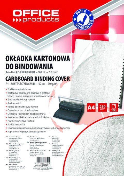 Okładki do bindowania OFFICE PRODUCTS, karton, A4, 250gsm, skóropodobne, 100szt., białe Okładki do bindowania OFFICE PRODUCTS, karton, A4, 250gsm, skóropodobne, 100szt., białe
