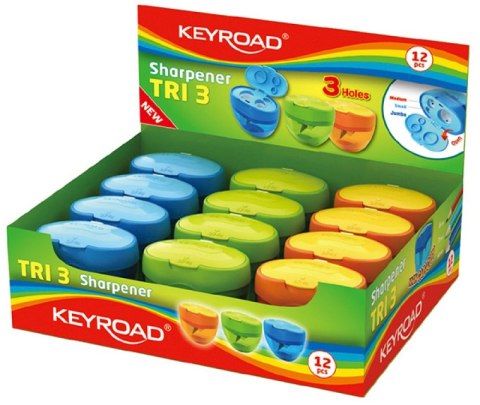 Temperówka KEYROAD Tris, plastikowa, potrójna, z pojemnikiem, pakowane na displayu, mix kolorów Temperówka KEYROAD Tris, plastikowa, potrójna, z pojemnikiem, pakowane na displayu, mix kolorów