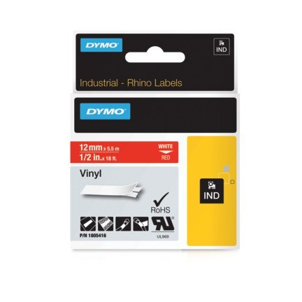 Taśma winylowa RHINO 12 mm biała na czerwonym 1805416 DYMO Taśma winylowa RHINO 12 mm biała na czerwonym 1805416 DYMO