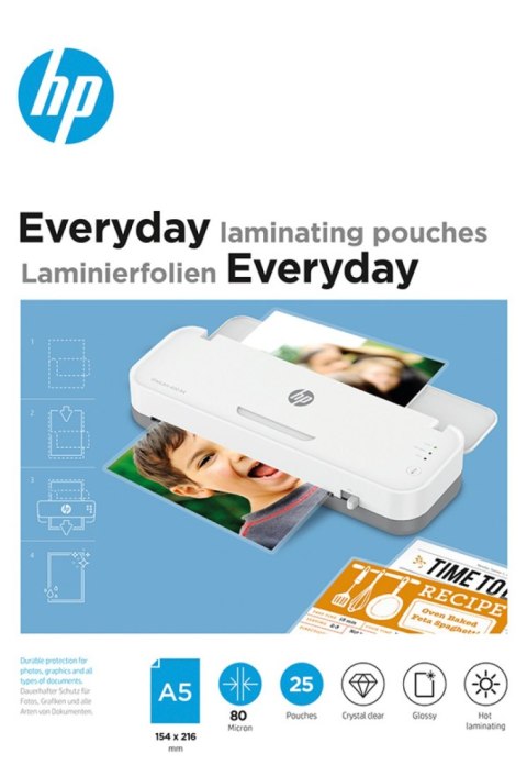Folie laminacyjne HP EVERYDAY, A5, 80 mic, 25 szt., przezroczyste/połysk Folie laminacyjne HP EVERYDAY, A5, 80 mic, 25 szt., przezroczyste/połysk
