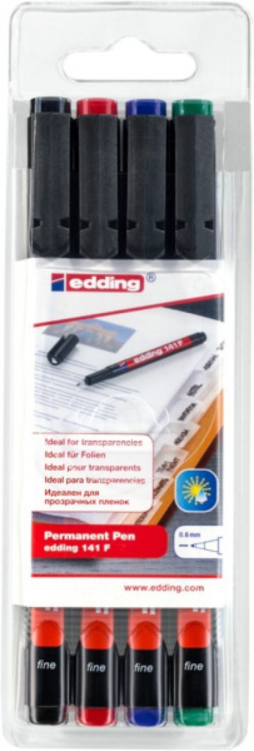 Foliopis e-141/4 F EDDING, 0,6mm, 4 szt., zawieszka, mix kolorów Foliopis e-141/4 F EDDING, 0,6mm, 4 szt., zawieszka, mix kolorów