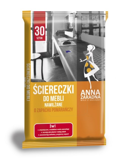 Ściereczki nawilżane ANNA ZARADNA, do mebli, o zapachu pomarańczy, 30szt, białe chusteczki Ściereczki nawilżane ANNA ZARADNA, do mebli, o zapachu pomarańczy, 30szt, białe chusteczki