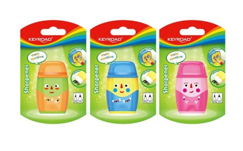 Temperówka plastikowa KEYROAD Hello, z gumką, podwójna, z pojemnikiem, blister, mix kolorów Temperówka plastikowa KEYROAD Hello, z gumką, podwójna, z pojemnikiem, blister, mix kolorów