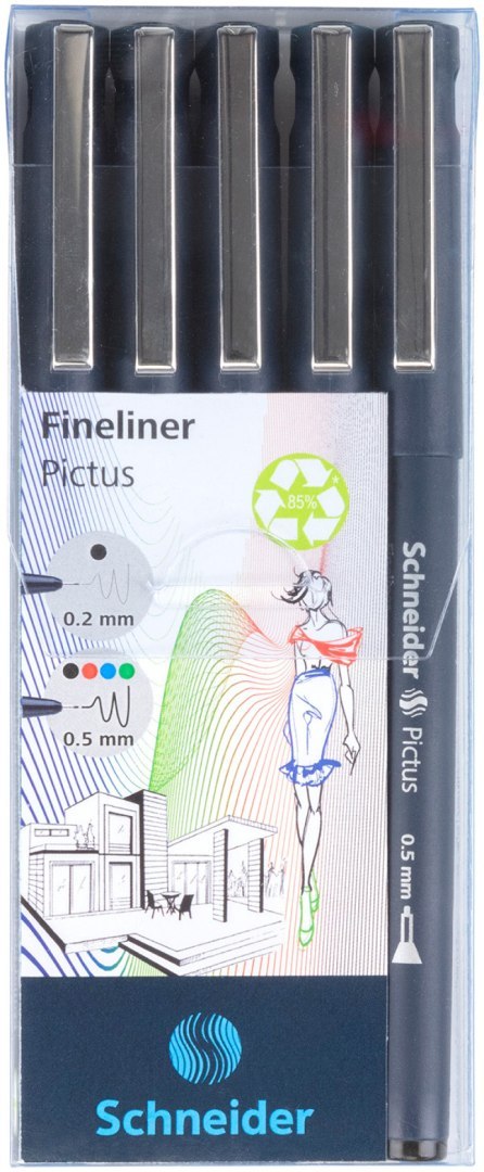 Zestaw cienkopisów SCHNEIDER Pictus, 5 szt., mix kolorów i grubości Zestaw cienkopisów SCHNEIDER Pictus, 5 szt., mix kolorów i grubości