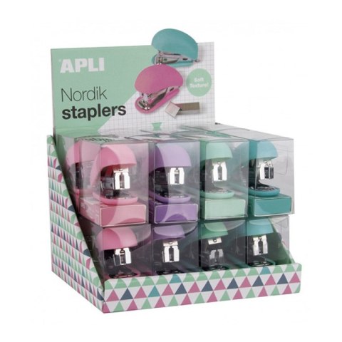 Zszywacz APLI Nordik, Soft Touch, 30 kart., zszywki, pudełko z zawieszką, mix kolorów pastel Zszywacz APLI Nordik, Soft Touch, 30 kart., zszywki, pudełko z zawieszką, mix kolorów pastel