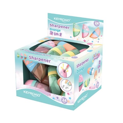 Temperówka KEYROAD Orange, plastikowa, 2w1, z gumką, display, mix kolorów Temperówka KEYROAD Orange, plastikowa, 2w1, z gumką, display, mix kolorów