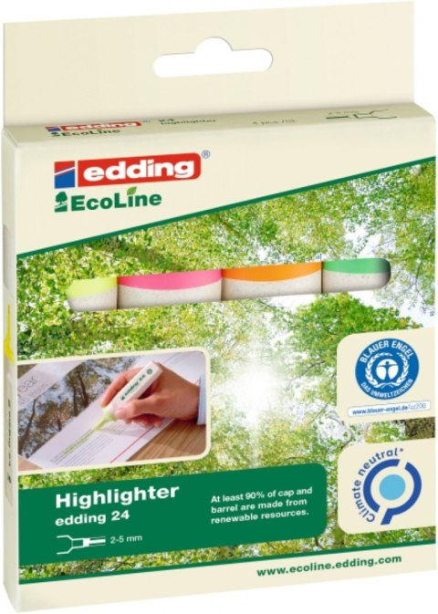 Zakreślacz e-24/4 EDDING ecoline, 2-5mm, 4 szt. mix kolorów Zakreślacz e-24/4 EDDING ecoline, 2-5mm, 4 szt. mix kolorów