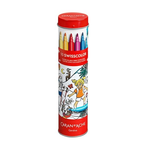 Flamastry akwarelowe CARAN D'ACHE Swisscolor, w metalowej tubie, z kolorowanką, 10 szt., mix kolorów Flamastry akwarelowe CARAN D'ACHE Swisscolor, w metalowej tubie, z kolorowanką, 10 szt., mix kolorów