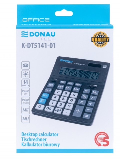 Kalkulator biurowy DONAU TECH OFFICE, 14-cyfr. wyświetlacz, wym. 201x155x35mm, czarny Kalkulator biurowy DONAU TECH OFFICE, 14-cyfr. wyświetlacz, wym. 201x155x35mm, czarny