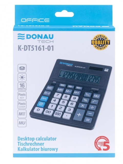 Kalkulator biurowy DONAU TECH OFFICE, 16-cyfr. wyświetlacz, wym. 201x155x35mm, czarny Kalkulator biurowy DONAU TECH OFFICE, 16-cyfr. wyświetlacz, wym. 201x155x35mm, czarny