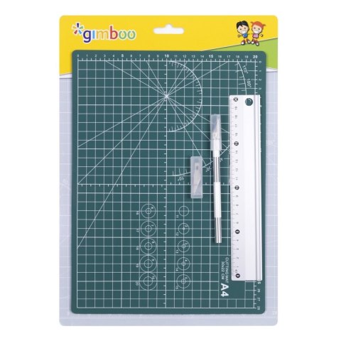 Mata do cięcia GIMBOO, A4, zestaw linijka aluminiowa 20cm, nożyk, ostrza, zielona Mata do cięcia GIMBOO, A4, zestaw linijka aluminiowa 20cm, nożyk, ostrza, zielona