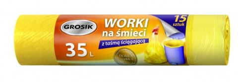 Worki na śmieci z taśmą GROSIK, HDPE, 35l, 15 szt., żółte Worki na śmieci z taśmą GROSIK, HDPE, 35l, 15 szt., żółte