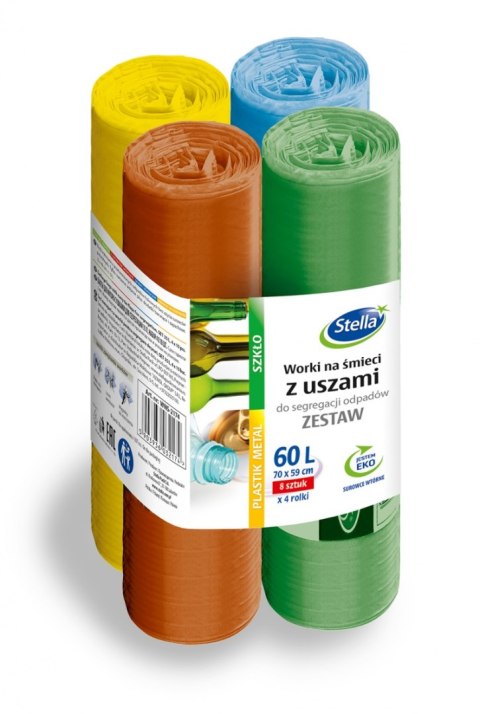 Worki z uszami STELLA, do segregacji odpadów, zestaw, 60l, 4x8 szt., mix Worki z uszami STELLA, do segregacji odpadów, zestaw, 60l, 4x8 szt., mix