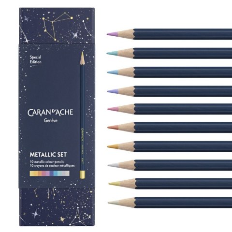 Kredki CARAN D'ACHE Cosmic Blue, w pudełku, 10 szt., mix kolorów metalicznych Kredki CARAN D'ACHE Cosmic Blue, w pudełku, 10 szt., mix kolorów metalicznych