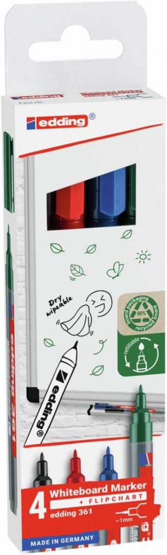 Marker do tablic suchościeralnych e-361 EDDING, 1 mm, 4 szt., mix kolorów Marker do tablic suchościeralnych e-361 EDDING, 1 mm, 4 szt., mix kolorów