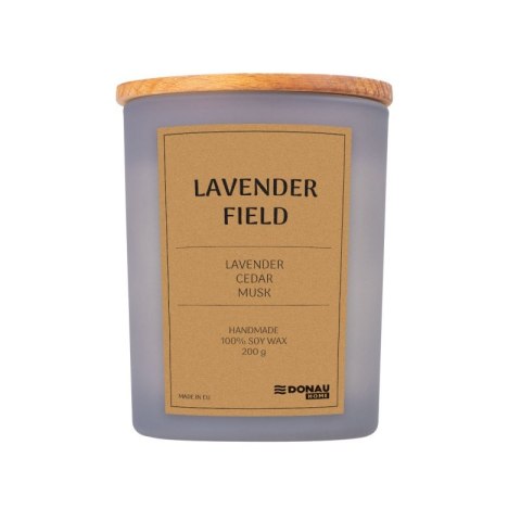 Świeca sojowa DONAU HOME, w szarym szkle, drewniana pokrywa i knot, Lavender Field, 200g Świeca sojowa DONAU HOME, w szarym szkle, drewniana pokrywa i knot, Lavender Field, 200g