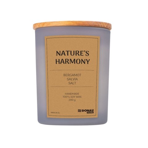 Świeca sojowa DONAU HOME, w szarym szkle, drewniana pokrywa i knot, Nature's Harmony, 200g Świeca sojowa DONAU HOME, w szarym szkle, drewniana pokrywa i knot, Nature's Harmony, 200g