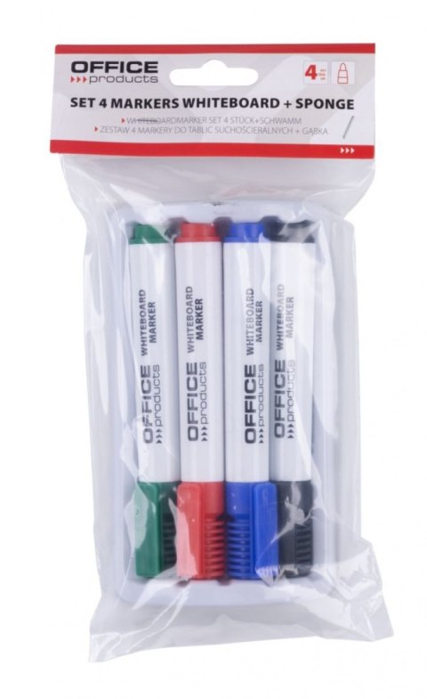Zestaw 4 markerów z gąbką magnetyczną OFFICE PRODUCTS, do tablic suchościeralnych, mix kolorów Zestaw 4 markerów z gąbką magnetyczną OFFICE PRODUCTS, do tablic suchościeralnych, mix kolorów