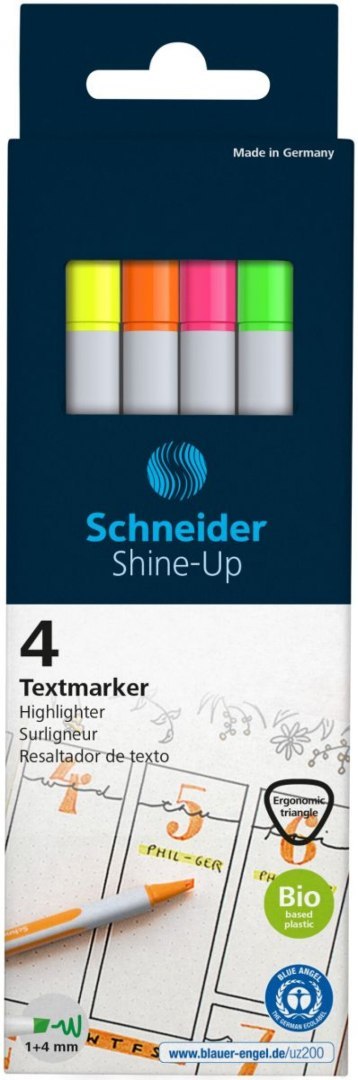 Zestaw zakreślaczy SCHNEIDER Shine-Up, 1-4mm, 4 szt., pudełko z zawieszką, mix kolorów Zestaw zakreślaczy SCHNEIDER Shine-Up, 1-4mm, 4 szt., pudełko z zawieszką, mix kolorów