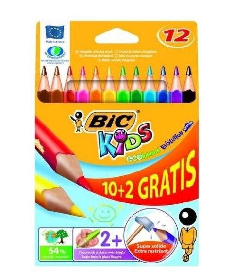 Kredki ołówkowe BIC Kids Evolution Triangle ECOlutions 10+2kol, 8871462 Kredki ołówkowe BIC Kids Evolution Triangle ECOlutions 10+2kol, 8871462