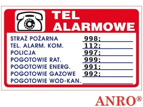 Tabliczka TELEFONY ALARMOWE ZZ-94P 150x200 PŁYTA PCV, ANPRO Tabliczka TELEFONY ALARMOWE ZZ-94P 150x200 PŁYTA PCV, ANPRO