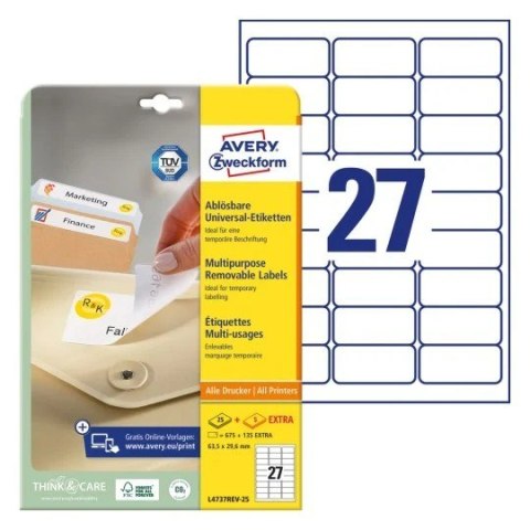 Etykiety uniwersalne L4737REV-25 63,5x29,6 30ark Usuwalne, Avery Zweckform