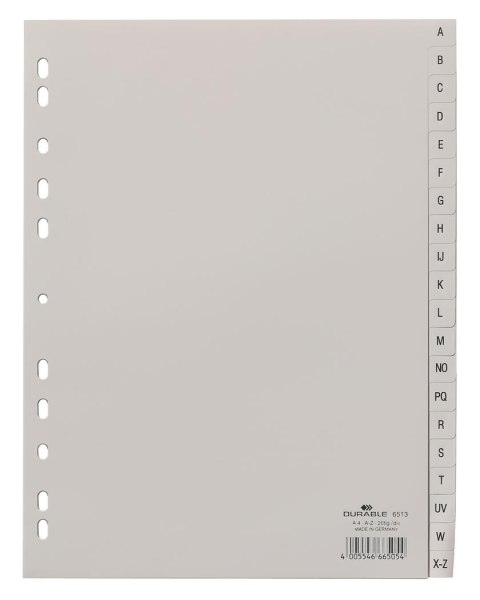 Przekładki PP A4 szare, nadruk indeks, A-Z 20 części Szary 651310 DURABLE